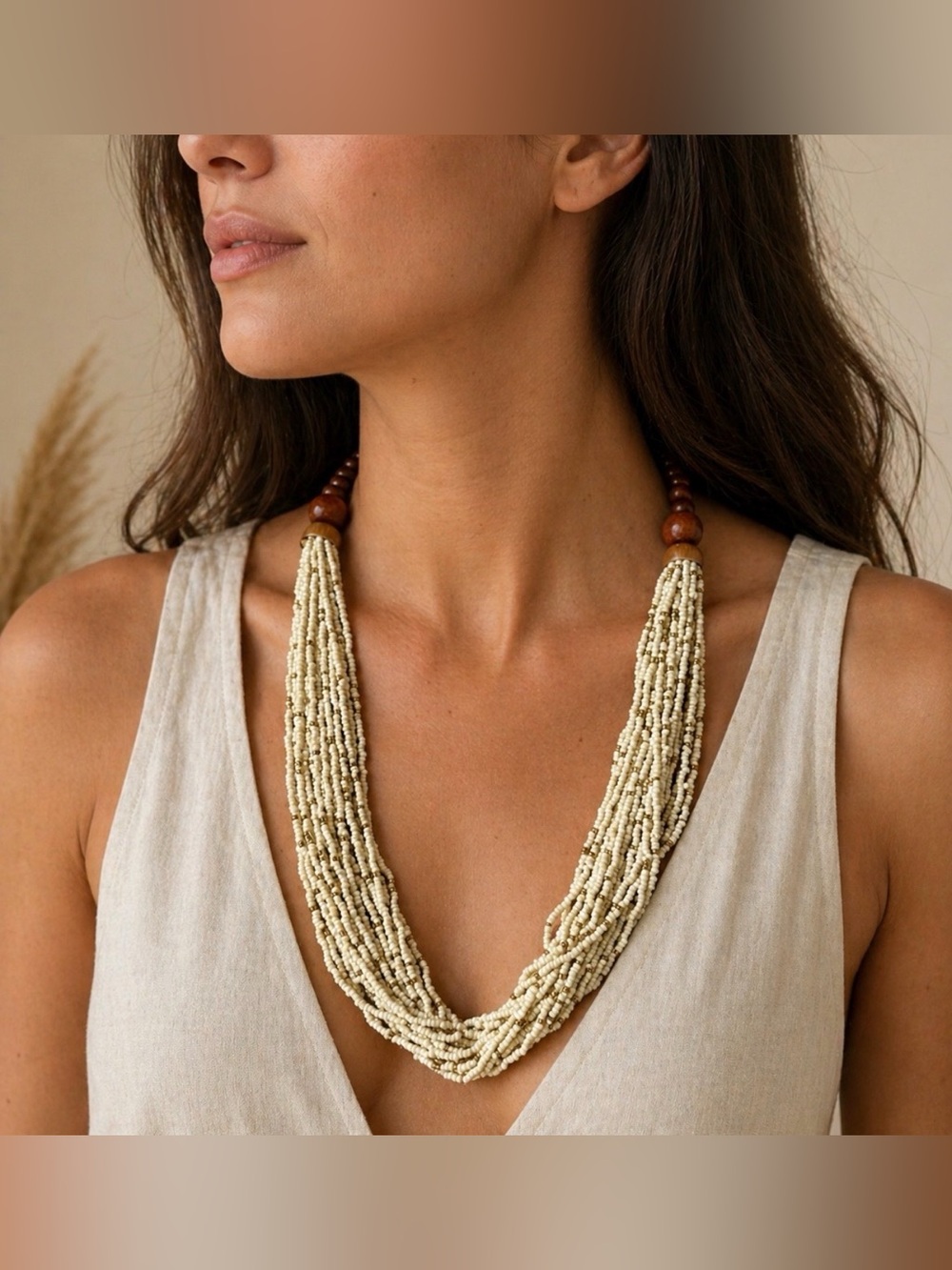 Tanjore Gold and cream Beaded Multi-Strand Necklace